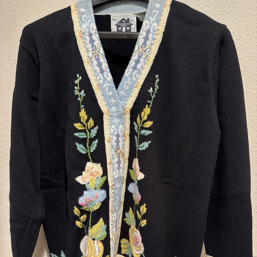 Women's Storybook Knits Cardigan Sweater‎ HSN Floral Rose Knit Sz L Granny Core